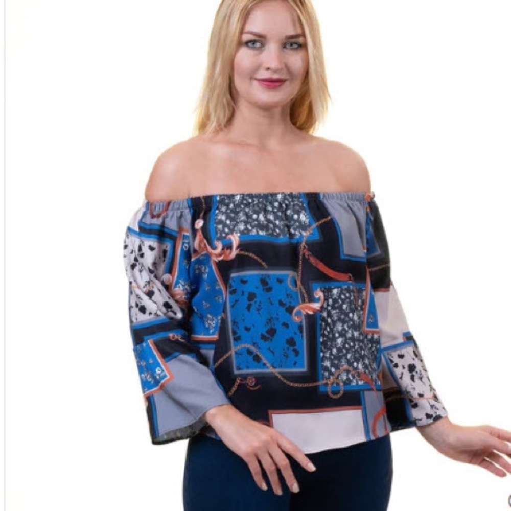 Blue Multi-Color Long Sleeve Off the Shoulder Blouse for Women